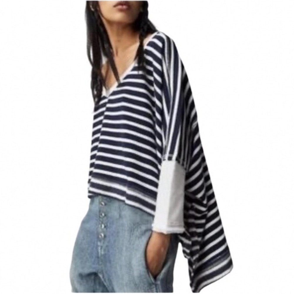 We The Free People Navy White Striped Oversized V-Neck Poncho Top XS Hi-Lo Hem